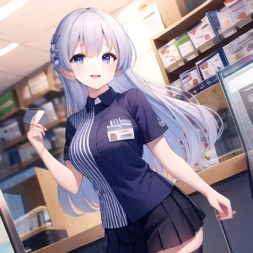 ((masterpiece)),(best quality),official art,extremely detailed CG,unity 8k wallpaper,ultra detailed,shop,1girl,solo,cowboy shot,rodney (azur lane),alternate costume,lawson uniform,<lora:lawson uniform_Loha:0.7>,bangs,black ribbon,vertical-striped shirt,short sleeves,blue eyes,blue shirt,blue skirt,blush,collared shirt,eyebrows visible through hair,french braid,large breasts,lavender hair,loafers,name tag,looking at viewer,id card,pleated skirt,short sleeves,smile,sparkle,very long hair,violet eyes,white thighhighs,zettai ryouiki,<lora:Rodney(azur)>,
