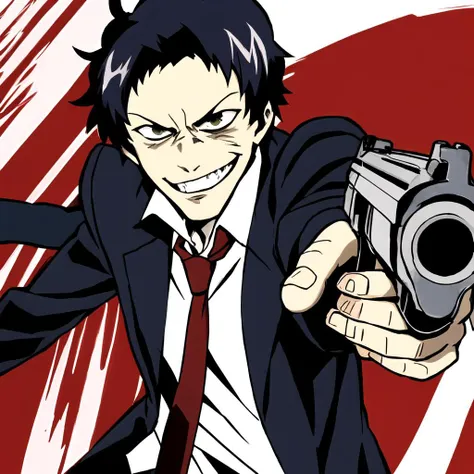 <lora:ttgl-eyecatch-original:0.9> <lora:persona4_adachi:0.5> adachi tohru, high quality, 1boy, medium long shot, (low angle:1.1), solo, (smirking:1.1), evil, formal, black suit, red necktie, black pants, (gunatyou:1.15), aiming at viewer, upper body, looking at viewer, closed hand, (motion:1.5), <lora:pointinggun:0.67>