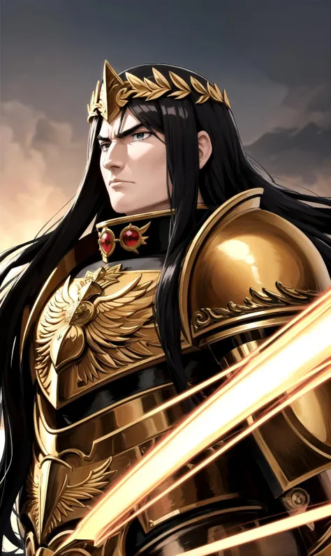 ((in the Style of Studio Trigger)), (((Emperor of Mankind, long black hair, manly chin, gold Armor,  ))), ((medium long shot, low angle, looking at viewer, motion,)), eyecatch, <lora:ttgl-eyecatch-original:0.5>
masterpiece, best quality, hyperrealistic, extremely detailed, highly quality, 4k, sharp focus,professional photograph, sharp focus, award winning, cinematic lighting, octane render, unreal engine, volumetrics dtx, <lora:efm-l1:0.4>