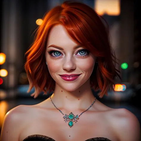 Picture, best quality, a woman in the city at night, photo of beautiful ES<lora:ES:1.0>, night dress, jewlery, ((grey eyes)), make up, red hair, smiling, looking at viewer, perfect face, perfect eyes, sharp focus, Intricate, High Detail, dramatic, photorealistic,