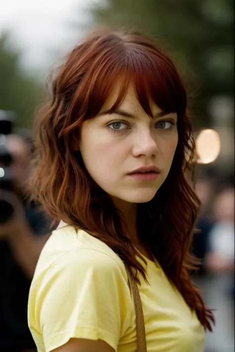 Realistic photo of a beautiful 3mm4s-v2 woman, 1girl, solo, long hair, looking at viewer, red hair, yellow t-shirt, green eyes, lips, standing, realistic, soft lighting, professional Photography, Photorealistic, detailed, RAW, analog, sharp focus, 8k, HD, DSLR, high quality, Fujifilm XT3, film grain, award winning, masterpiece<lora:3mm4s-v2:1.0>