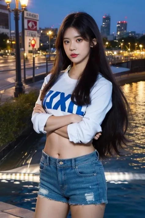Fujifilm XT3, 8k,close up photo, masterpiece, best quality, (((1girl))), solo,realistic, ((looking at viewer)), photorealistic, (extremely detailed face), looking at viewer, ultra-detailed eyes and pupils, ultra detailed, serious expression, standing against a city skyline at night, cropped top, ((business shirts)), shorts, ((navel)), long hair, arms behind back, <lora:daisylorashy:1>