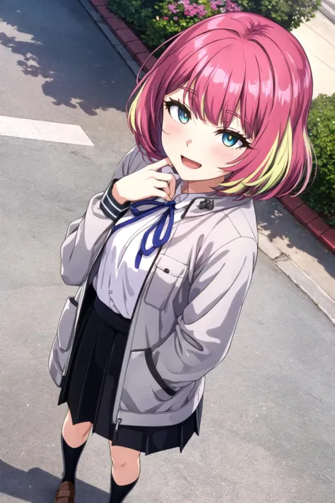 MGCM avarin, short hair, two-tone hair, pink hair, green hair, blue eyes, white shirt, black neck ribbon, grey jacket, sleeves past wrists, sleeves past fingers, black skirt, socks, loafers, <lora:MGCM_avarin_ep15:0.7>, BREAK (flat chest), anmnr, <lora:anmnr01:0.17>, beautiful, masterpiece, 8K resolution, extremely detailed face, 1girl, Beautiful woman, 20 years old, eye highlights, from above, looking at viewer, smirk, open mouth, blush, BREAK (put your hand on your chin:1.1), BREAK anime background, outdoors, cityscape, streets, sidewalks, street trees, street lamps, tiled floors, gentle sunlight, <lora:flat2-dim1:-0.5>