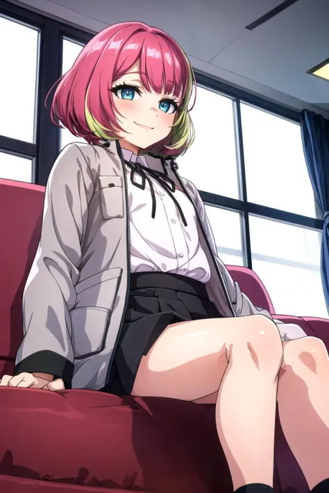 MGCM avarin, short hair, two-tone hair, pink hair, green hair, blue eyes, white shirt, black neck ribbon, grey jacket, sleeves past wrists, sleeves past fingers, black skirt, socks, loafers, <lora:MGCM_avarin_ep15:0.7>, BREAK (flat chest), anmnr, <lora:anmnr01:0.17>, beautiful, masterpiece, 8K resolution, extremely detailed face, short girl, 1girl, Beautiful woman, 20 years old, eye highlights, (from below), looking at viewer, smile, blush, BREAK (sit on the sofa:1.2), (put your hands down:1.1), BREAK anime background, indoors, black sofa, karaoke box, private room, karaoke, mesmerizing lighting, concrete wall, <lora:flat2-dim1:-0.5>