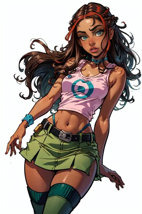 (Aisha/Layla), (brown skin:1.2), dark-skinned female, curly hair, long hair, brown hair, red strips in hair, blue-green eyes, (CasualOutfit), pink cropped tank-top, green skirt, belt, white legwarmers, green boots, (white background, solid white background:1.2), (realistic:1.2), (masterpiece:1.2), (full-body-shot:1),(Cowboy-shot:1.2), neon lighting, dark romantic lighting, (highly detailed:1.2),(detailed face:1.2), (gradients), colorful, detailed eyes, (natural lighting:1.2), (cute pose:1.2), (solo, one person, 1girl:1.5),<lora:WinxClubLaylaAisha-10:0.9> <lora:add_detail:0.15> <lora:BeautifulEyes:0.65> <lyco:coloredSkin-08:0.3>