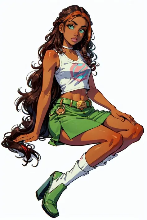 (Aisha/Layla), (brown skin:1.2), dark-skinned female, curly hair, (very long hair), brown hair, red strips in hair, blue-green eyes, (CasualOutfit), pink cropped tank-top, green skirt, belt, white socks, green boots, (white background, solid white background:1.2), (realistic:1.2), (masterpiece:1.2), (full-body-shot:1),(Cowboy-shot:1.2), neon lighting, dark romantic lighting, (highly detailed:1.2),(detailed face:1.2), (gradients), colorful, detailed eyes, (natural lighting:1.2), (cute pose:1.2), (solo, one person, 1girl:1.5),<lora:WinxClubLaylaAisha-10:0.9> <lora:add_detail:0.15> <lora:BeautifulEyes:0.65> <lyco:coloredSkin-08:0.3>