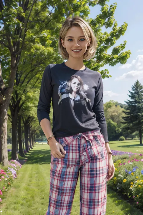 sarah,short blonde hair, blue eyes, pink shirt, black long sleeves, plaid pants, bracelet, looking at viewer, smiling, standing, medium shot, outside, park, field of flowers, trees, sunny, dreamy ambiance, high quality, masterpiece, <lora:saraPS4:.7>