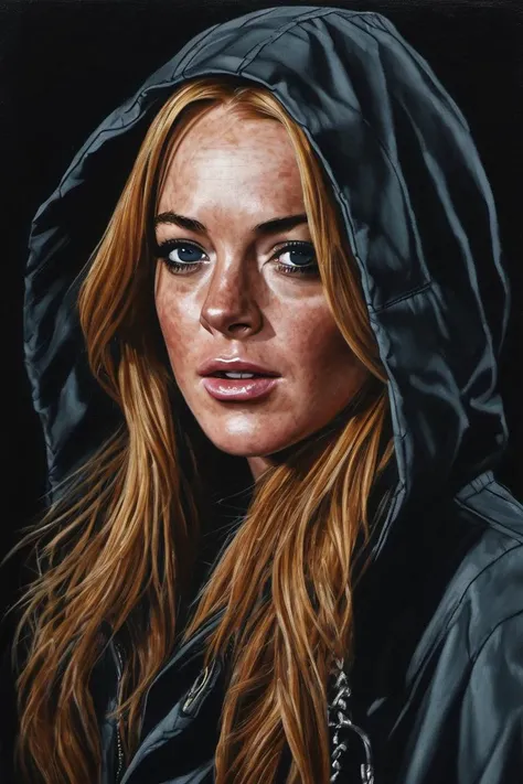 <lora:Lindsay_Lohan:0.7> a realistic portrait close-up of lindsay lohan wearing a coat and hood, only face, dark background, dramatic light,