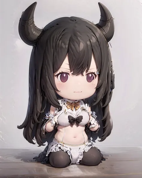 1girl,huge breasts, black hair,white bikini,kashino,(chibi),sitting, <lora:clay2a:1>,cow horns, no hands,