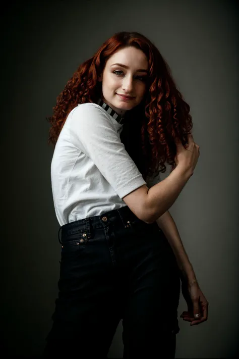 <lora:VioletMonroe_v1.0:1> VioletMonroe
in a (dynamic pose:1.2)
(female in bright studio),Beauty photo, facing viewer,
with (
                Zara Cut-out top        Cargo pants     Sandals Chain choker
:1.2)
(
long curly hair,
:1.3) hairstyle, (head tilt,:1.2)
detailed hair strand, ear, detailed upper torso, detailed eyes, detailed pupils, detailed iris, detailed nose, detailed lips, ears, detailed sideburns, eye reflection, ray tracing, path tracing,
in style of
Richard Avedon Portrait Large-format camera, high-quality lenses Simple backgrounds,
<lora:epiC35mm:1> epiCPhoto, (plunging neckline:-1) grey background, natural lighting, smirk, smile,