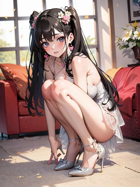 (masterpiece), (best quality),
make up, blush, earring, heart, high heels, <lora:flower_shoes:0.5>, 1girl, flower, bow,
