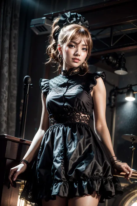 (realistic:1.3), finely detailed, quality, rembrandt lighting, (masterpiece:1.2), (photorealistic:1.2), (best quality), (detailed skin:1.3), (intricate details), dramatic, ray tracing, 1girl, 21 years old, detailed skin texture, (blush:0.5), (goosebumps:0.5), subsurface scattering, smiling, medium breasts, bangs, hair between eyes, aalisa, long hair, ponytail, grey eyes, earrings, mini hat, lace, frilled gothic dress, rose, black dress, sleeveless, bare arms, black gloves, cowboy shot, (on performance stage, singing, bright spotlights), <lora:imai_lisa_v1.1:0.7>