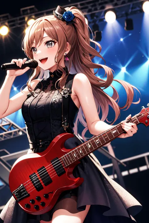 masterpiece, highest quality, High resolution, Arisa, Long Hair, ponytail, Grey Eyes, Earrings, Rose, Hair Flowers, For Mini, Sleeveless, Frill dress, Black Dress, Gothic, Bring your tools, guitar, stage, smile,