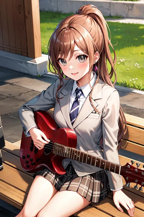 masterpiece, best quality, highres, aalisa, long hair, ponytail, grey eyes, earrings, school uniform, striped necktie, brown necktie, collared shirt, grey jacket, blazer, long sleeves, plaid skirt, pleated skirt, brown skirt, <lora:imai_lisa_v1.1:0.7>, sitting, bench, outdoors, guitar, smile, holding instrument,