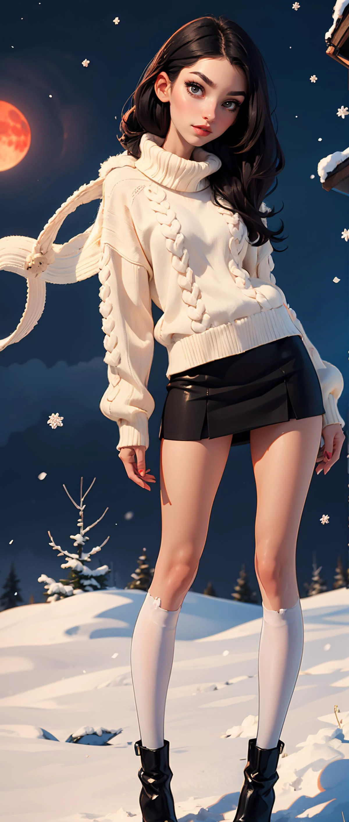 big red moon, snowing background, christmas wonderland, red and green, ((black stockings)),
,young girl, 20 years, 149cm tall, long legs, very slim, long black hair, small face, black boots, short skirt, white sweater, black short hairl, pale skin,
<lora:zoom_slider_v1:2> <lora:DreamArtV1.3:0.4>, young girl, 20 years, 149cm tall, long legs, very slim, long black hair, small face, black boots, short skirt, white sweater, black short hairl, pale skin,
<lora:lip_slider_v21:1.2> ,<lora:body_size_control_v1.0:1.2>,<lora:weight_slider_v1:-1.1>,