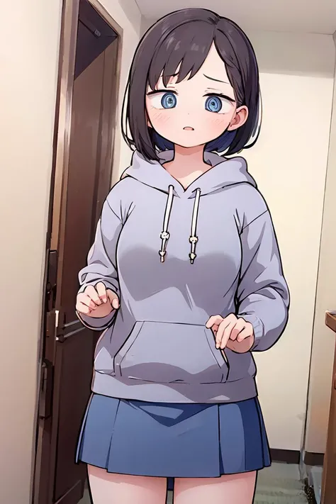 (masterpiece, best quality), 1girl, beautiful face, beautiful body, <lora:ichikawakana-nvwls-v1:1> ichikawakana, grey hoodie, blue skirt, ringed eyes