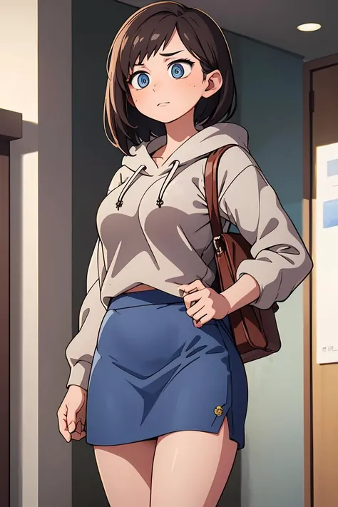(masterpiece, best quality), 1girl, beautiful face, beautiful body, <lora:ichikawakana-nvwls-v1:1> ichikawakana, grey hoodie, blue skirt, ringed eyes