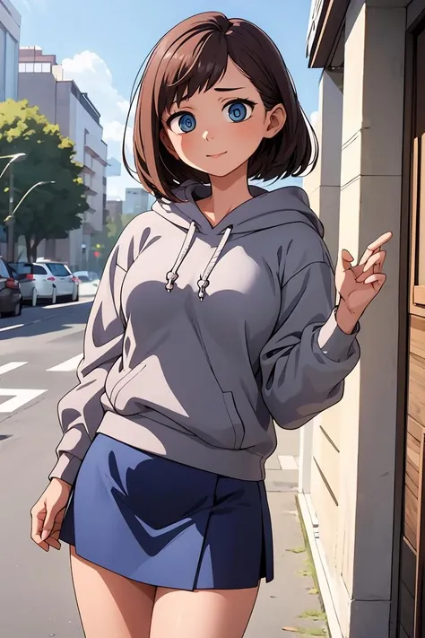 (masterpiece, best quality), 1girl, beautiful face, beautiful body, <lora:ichikawakana-nvwls-v1:1> ichikawakana, grey hoodie, blue skirt, ringed eyes