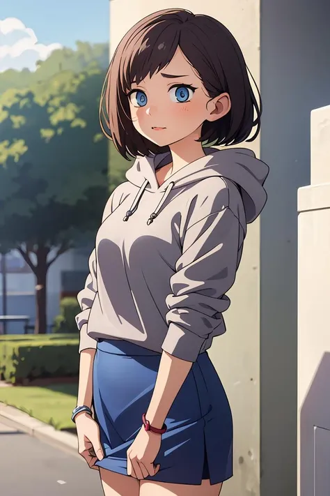(masterpiece, best quality), 1girl, beautiful face, beautiful body, <lora:ichikawakana-nvwls-v1:1> ichikawakana, grey hoodie, blue skirt, ringed eyes