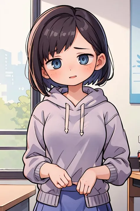 (masterpiece, best quality), 1girl, beautiful face, beautiful body, <lora:ichikawakana-nvwls-v1:1> ichikawakana, grey hoodie, blue skirt, ringed eyes