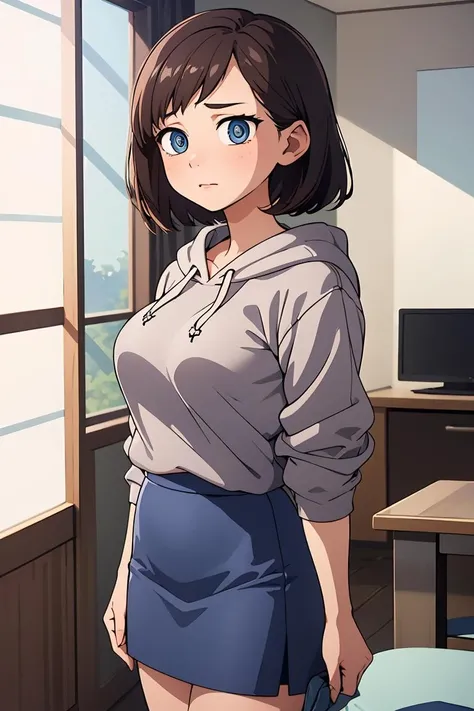 (masterpiece, best quality), 1girl, beautiful face, beautiful body, <lora:ichikawakana-nvwls-v1:1> ichikawakana, grey hoodie, blue skirt, ringed eyes