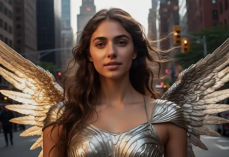 cinematic film still closeup,fantasy,beautiful (ohwx woman:1.3) as a angelic angel goddess with large wings made of liquid mercury on her back hovering in the air,wearing a free flowing liquid metal dress,brown hair,brown eyes,gorgeous smile,looking at viewer,hyperdetailed photography,4k textures,intricate details,8k,new york city street,<lora:cascina_db128_v1_Lora:1>,