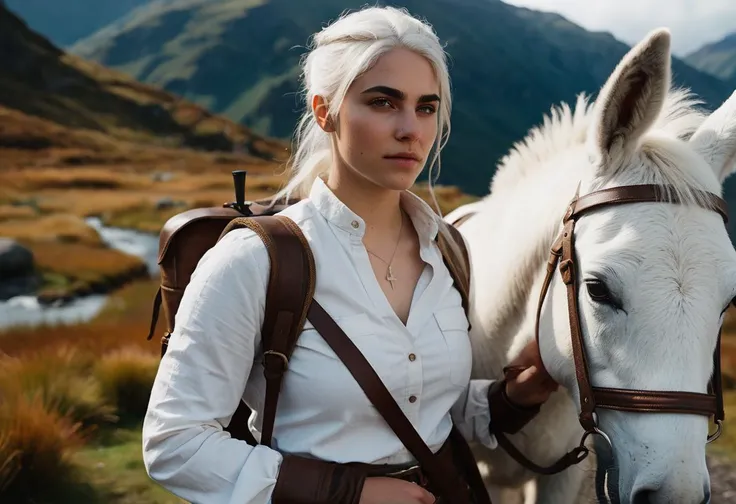 cinematic film still closeup,beautiful (ohwx woman:1.3) as a Ciri from the witcher,wearing white long sleeve shirt with brown leather pants,several leather pouches,happy,white hair,eye shadow,eye liner,looking at viewer,walking with her pet donkey in New Zealand mountains during a cloudy day,a pet hawk is resting on her shoulder,hyperdetailed photography,film grain,professional,8k,4k textures,detailed skin,masterpiece,<lora:cascina_db128_v1_Lora:1.05>,