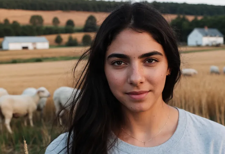 cinematic film still closeup (ohwx woman:1.3) in the middle of wheat farm near a farm house , fence, sheep's and pine forest in background, sunset, looking at the camera <lora:cascina_db128_v1_Lora:1.3> . shallow depth of field, vignette, highly detailed, high budget, bokeh, cinemascope, moody, epic, gorgeous, film grain, grainy