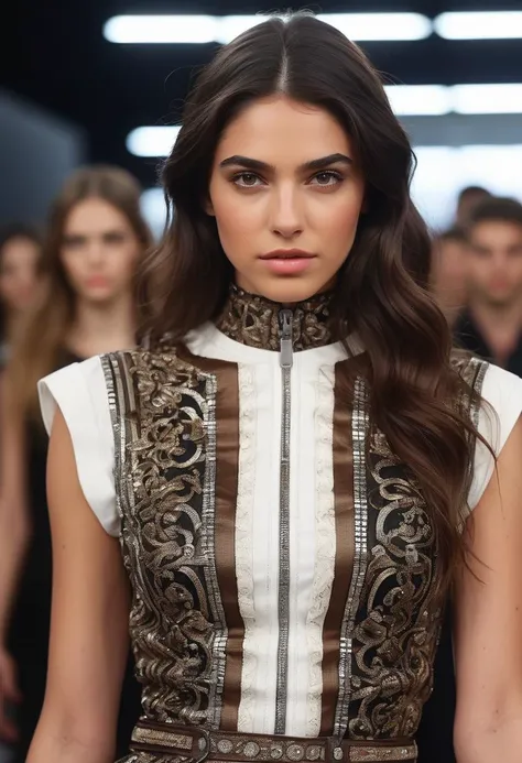 cinematic film still closeup,beautiful (ohwx woman:1.3) as a runway model,wearing a weird outrageous looking outfit,walking to the end of a narrow runway posing,hands on hips,silky brown hair,brown eyes,smug,lip gloss,at runway fashion show,people sitting on left and right side of runway watching models walk,hyperdetailed photography,4k textures,4k textures,highly textured skin,perfect skin,perfect eyes,perfect teeth,<lora:cascina_db128_v1_Lora:1>,