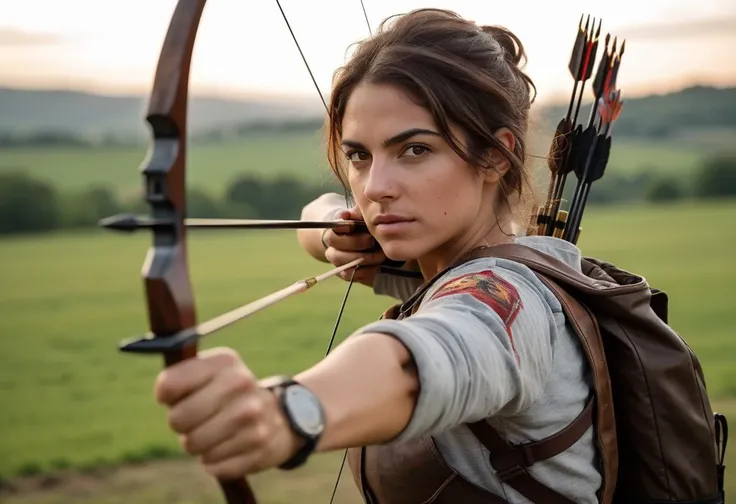 cinematic film still closeup,action shot,beautiful (ohwx woman:1.3) holding bow and arrow shooting at a circle target,brown hair,brown eyes,restrained,at shooting range on a farm,looking at viewer,hyperdetailed photography,4k textures,intricate details,8k,t-shirt,shorts,leather_gloves,boots,<lora:cascina_db128_v1_Lora:1>,