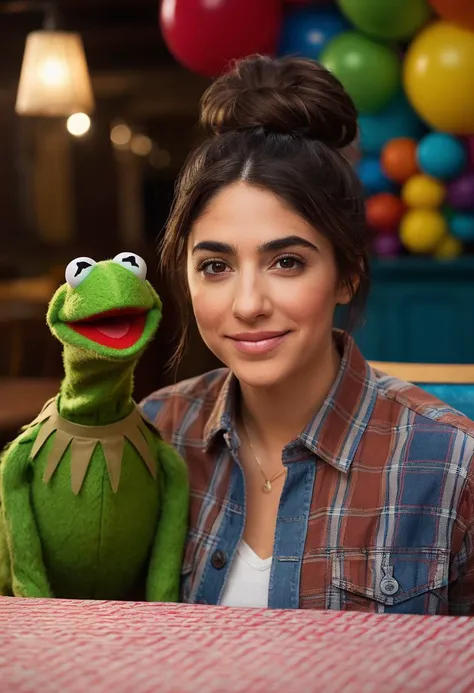 cinematic film still closeup,sesame street guest apperance,beautiful (ohwx woman:1.3) sitting down at a table posing for pictures with mrs piggy and kermit the frog,brown hair,short ponytail,brown eyes,confused,plaid_shirt,jeans,barefoot,(((looking at viewer))),hyperdetailed photography,4k textures,intricate details,8k,<lora:cascina_db128_v1_Lora:1>,