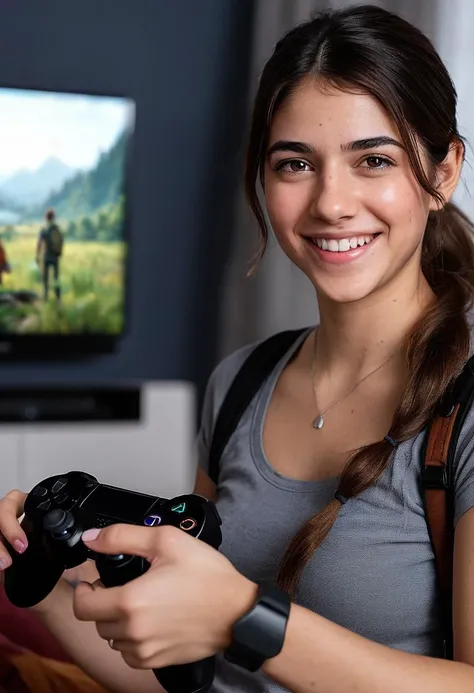close-up,hyperdetailed photography,head and shoulder portrait photography of a (ohwx woman:1.3),sitting on living room couch in front of tv playing playstation video game,holding game console controller in hands showing viewer her cool controller,crazy_smile,<lora:cascina_db128_v1_Lora:1.05>,film,bokeh,professional,4k,looking at viewer,highly detailed,hair in ponytail,legs crossed,casual T-shirts,jeans,barefoot,4k textures BREAK the last of us part 2 poster in the background,