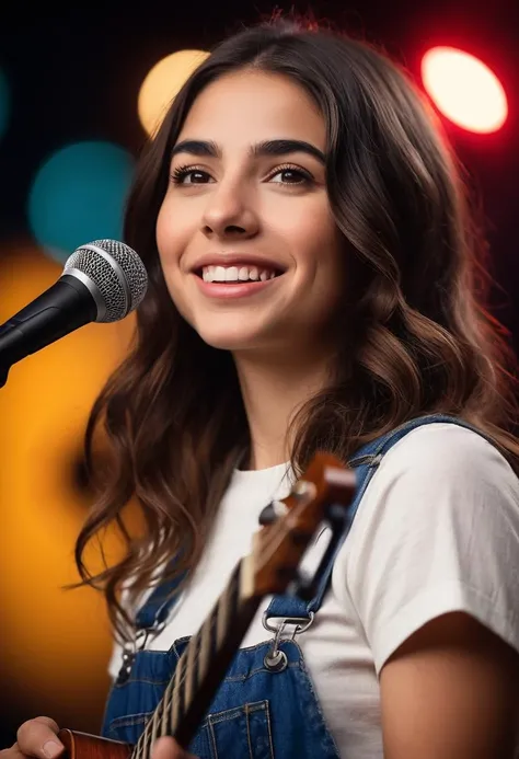 cinematic film still closeup,talent show,head and shoulders portrait,beautiful ohwx woman is on a stage playing a ukulele and singing into a microphone,overalls,brown hair,brown eyes,looking at viewer,hyperdetailed photography,4k textures,intricate details,8k,<lora:cascina_db128_v1_Lora:1>,. shallow depth of field,vignette,highly detailed,high budget,bokeh,cinemascope,moody,epic,gorgeous,film grain,grainy,