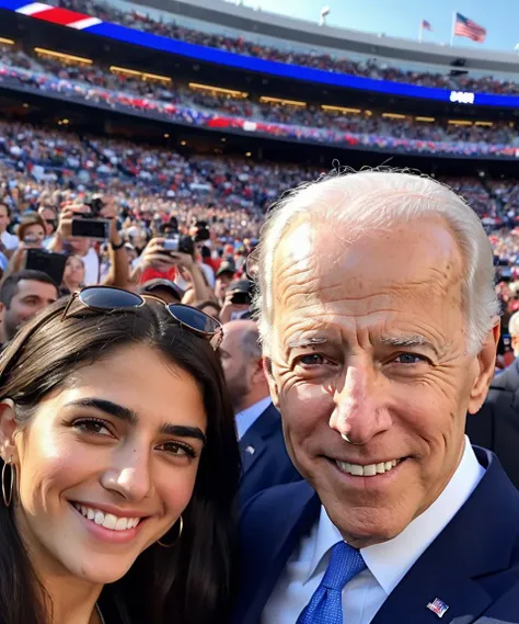 beautiful (ohwx woman:1.3) taking selfie with Donald Trump,Donald Trump wearing Brioni suit,at Donald Trump rally,brown hair in ponytail,brown eyes,casual T-shirts,shorts,hyperdetailed photography,4k textures,4k textures,detailed skin,perfect skin,perfect eyes,<lora:cascina_db128_v1_Lora:1>,