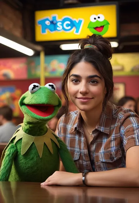 cinematic film still closeup,sesame street guest apperance,beautiful (ohwx woman:1.3) sitting down at a table posing for pictures with mrs piggy and kermit the frog,brown hair,short ponytail,brown eyes,confused,plaid_shirt,jeans,barefoot,(((looking at viewer))),hyperdetailed photography,4k textures,intricate details,8k,<lora:cascina_db128_v1_Lora:1>,