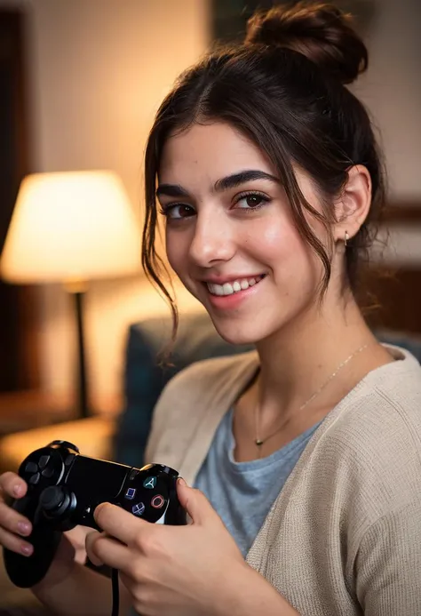 close-up,hyperdetailed photography,head and shoulder portrait photography of a (ohwx woman:1.3),sitting on living room couch in front of tv playing playstation video game,holding game console controller in hands showing viewer her cool controller,crazy_smile,<lora:cascina_db128_v1_Lora:1.05>,film,bokeh,professional,4k,looking at viewer,highly detailed,hair in ponytail,legs crossed,casual T-shirts,jeans,barefoot,4k textures BREAK the last of us part 2 poster in the background,