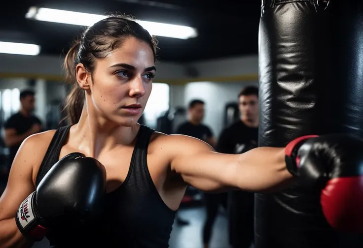 cinematic film still closeup of (ohwx woman:1.3) is at a crowded local gym punching a punching bag,gray and black spandex,serious,sweaty,padded gloves,<lora:cascina_db128_v1_Lora:1>,. shallow depth of field,vignette,highly detailed,high budget,bokeh,cinemascope,moody,epic,gorgeous,film grain,grainy,