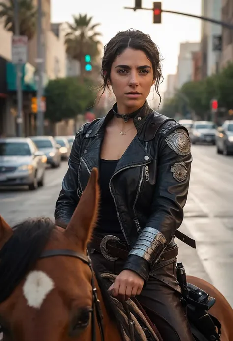 cinematic film still closeup of a (ohwx woman:1.3),walking along side her horse on road,hyperdetailed photography,<lora:cascina_db128_v1_Lora:1.05>,bokeh,professional,8k,down town los angeles,long sword hanging on back,4k textures,detailed skin,perfect skin,perfect eyes,looking at viewer,post apocalyptic environment,serious,biker_clothes,masterpiece,