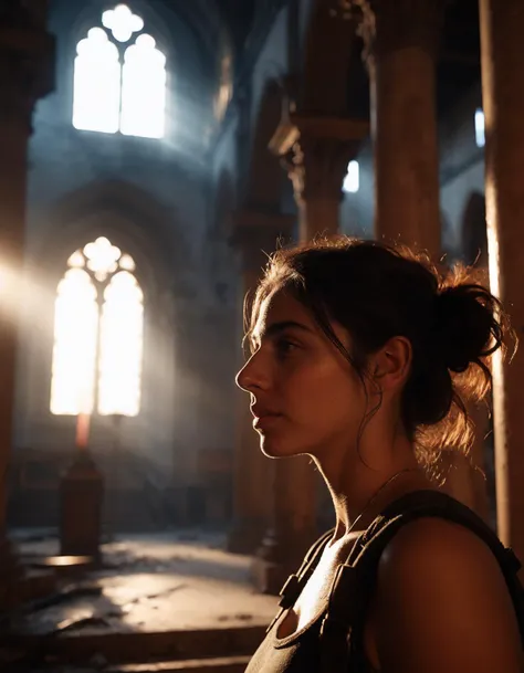 cinematic film still closeup of (ohwx woman:1.3) as a female character in a post apocalyptic videogame, inside a dim abandoned cathedral , unreal engine 5, ray tracing, god ray, speck dust, sunset <lora:cascina_db128_v1_Lora:1> . shallow depth of field, vignette, highly detailed, high budget, bokeh, cinemascope, moody, epic, gorgeous, film grain, grainy