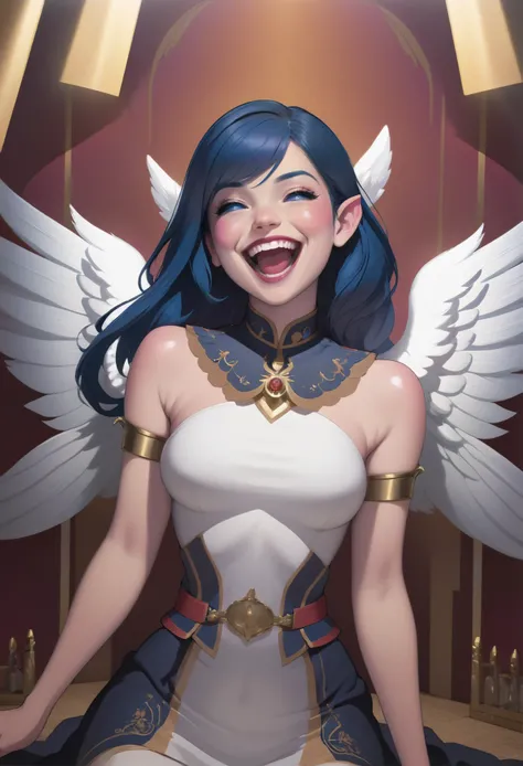 (maniacal laughter:1.5), 1girl, woman, elf arctic rune knight lord villainess, (armor:1.3), , bombshell hair, vivid slate blue hair, Basket Weave Braid, hourglass figure, japanese, (noon, blue sky, clouds, architecture, dining room in a Angelic Heights:1)