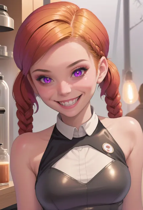 (manic grin:1.5), 1girl, woman, barista, pastel copper hair, twin braids,Chignon, (full body:1.3), [:outlandish costume design:0.2], bombshell hair, dark rainbow hair with azure highlights, french braids,Dutch Infinity Braid, thicc athletic build, medium breasts, korean, (noon,  scenery,  Theatre Academia urban center in a Sclerophyll Forest:1.3)