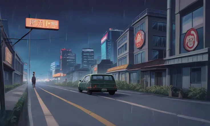 score_9, score_8_up, score_7_up, score_6_up, score_5_up, score_4_up, source_anime, BREAK, cityscape, metropolis, tokyo tower, bus stop, rain, road, road sign, car, building, night, night sky, cloudy sky,   retro artstyle, <lora:PonyOldSchoolV2-08:1>