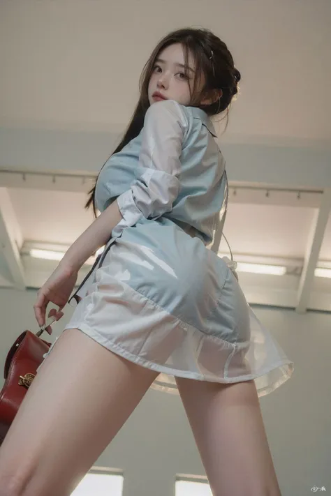 (Best Quality, Masterpiece:1.4), <lora:bikini_under_clothes_v0.2:0.9>, 1girl, ass focus, from below, bikini under clothes, dress shirt, covering crotch, high heels, skirt, masterpiece, best quality, highly detailed,