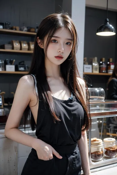 18 year old barista, makeup, gorgeous, very long straight hair, standing in a cafe