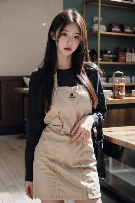 18 year old barista, makeup, gorgeous, very long straight hair, standing in a cafe