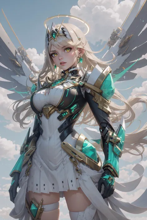 wrenchsmechs, glowing, green mecha, halo, mechanical wings, <lora:Outfit_Mechs:1>, mythradef, tiara, earrings, chest jewel, cleavage cutout, cleavage, white dress, short dress, elbow gloves, white gloves, thigh strap, <lora:Char_Xenoblade_Mythra:1>, yellow eyes,