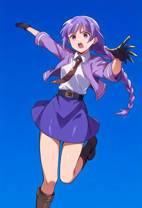 score_9, score_8_up, score_7_up, source_anime, rating questionable, reaching, <lora:KyokoPXL:.95> Kyoko, purple eyes, purple hair, long hair, braid, black gloves, purple jacket, purple skirt, brown necktie, white shirt, boots