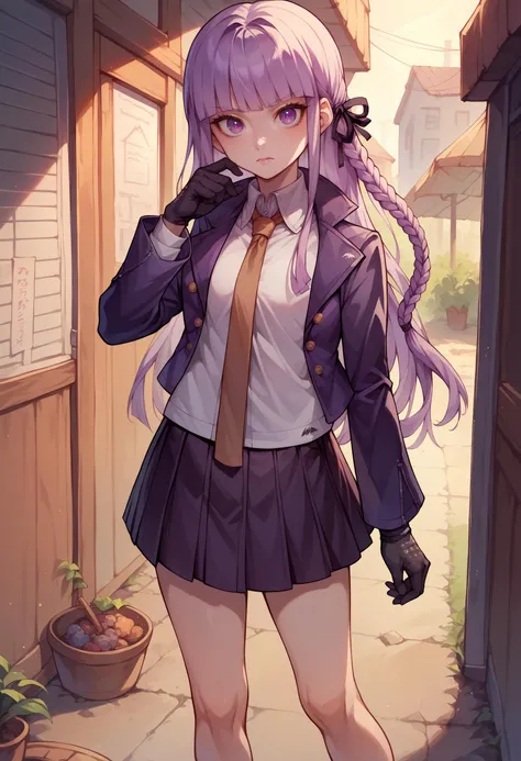 score_9, score_8_up, score_7_up, score_6_up, 1girl, Kyoko, purple eyes, purple hair, long hair, braid, black gloves, purple jacket, purple skirt, brown necktie, white shirt,<lora:KyokoPXL:1> twirling pose