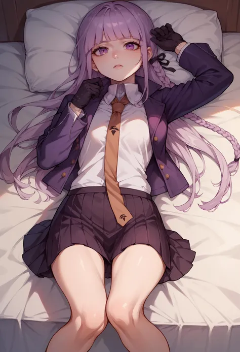 score_9, score_8_up, score_7_up, score_6_up, 1girl, Kyoko, purple eyes, purple hair, long hair, braid, black gloves, purple jacket, purple skirt, brown necktie, white shirt,<lora:KyokoPXL:1> lying on back