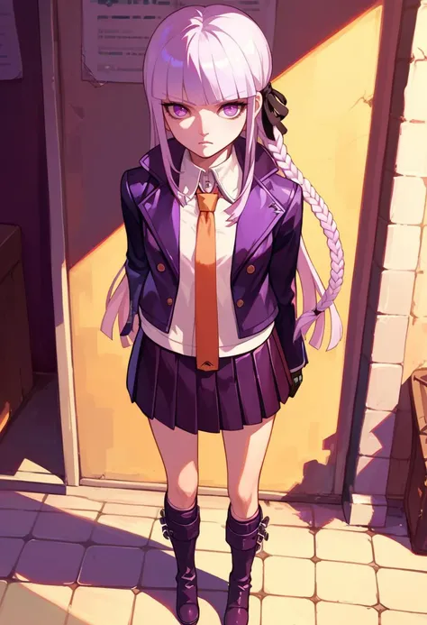 score_9, score_8_up, score_7_up, source_anime, rating questionable, adjusting her collar, <lora:KyokoPXL:.95> Kyoko, purple eyes, purple hair, long hair, braid, black gloves, purple jacket, purple skirt, brown necktie, white shirt, boots